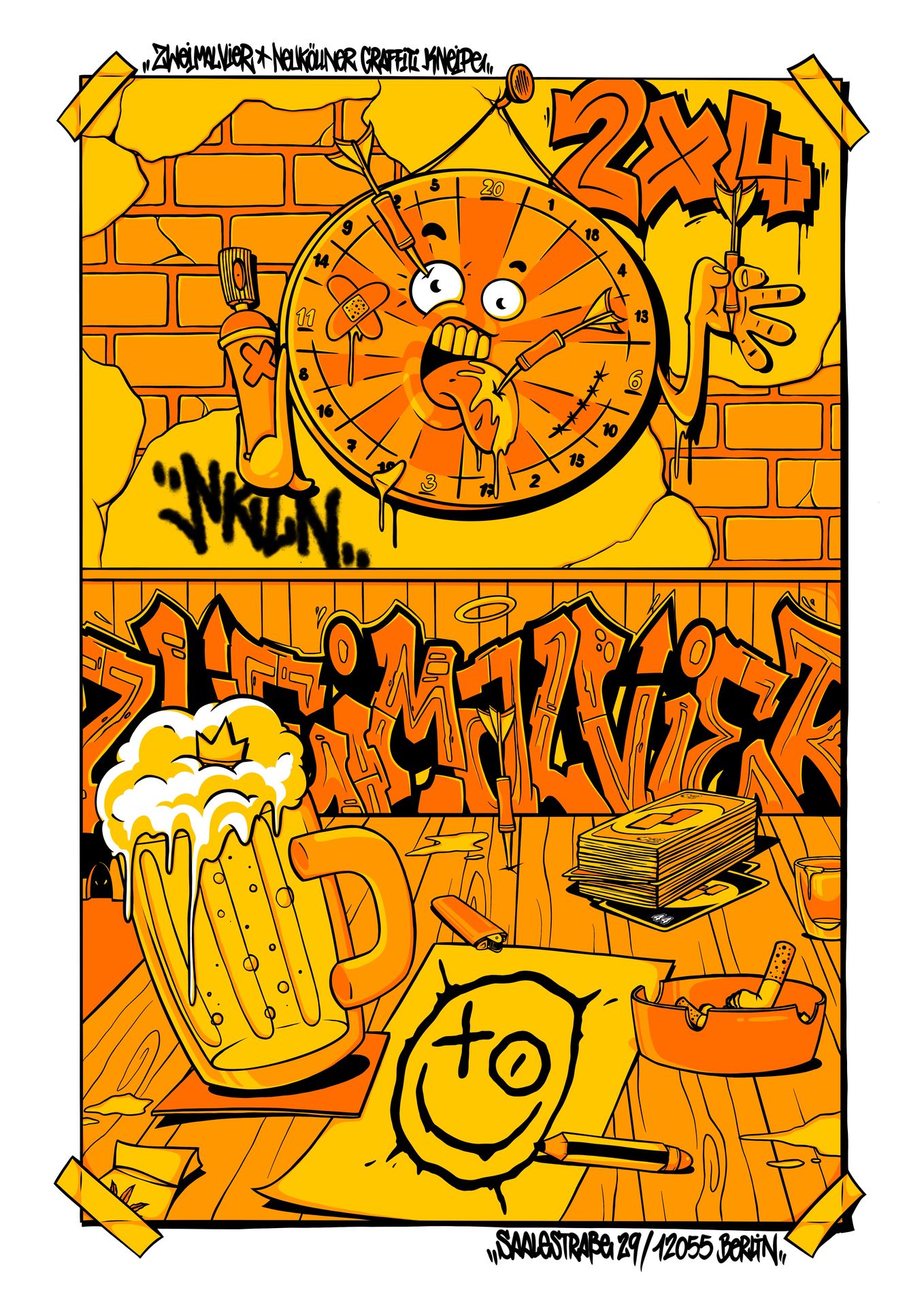 Das Angebot von ZweiMalVier visualisiert: Darts, Getränke, Gesellschaftsspiele und Graffiti